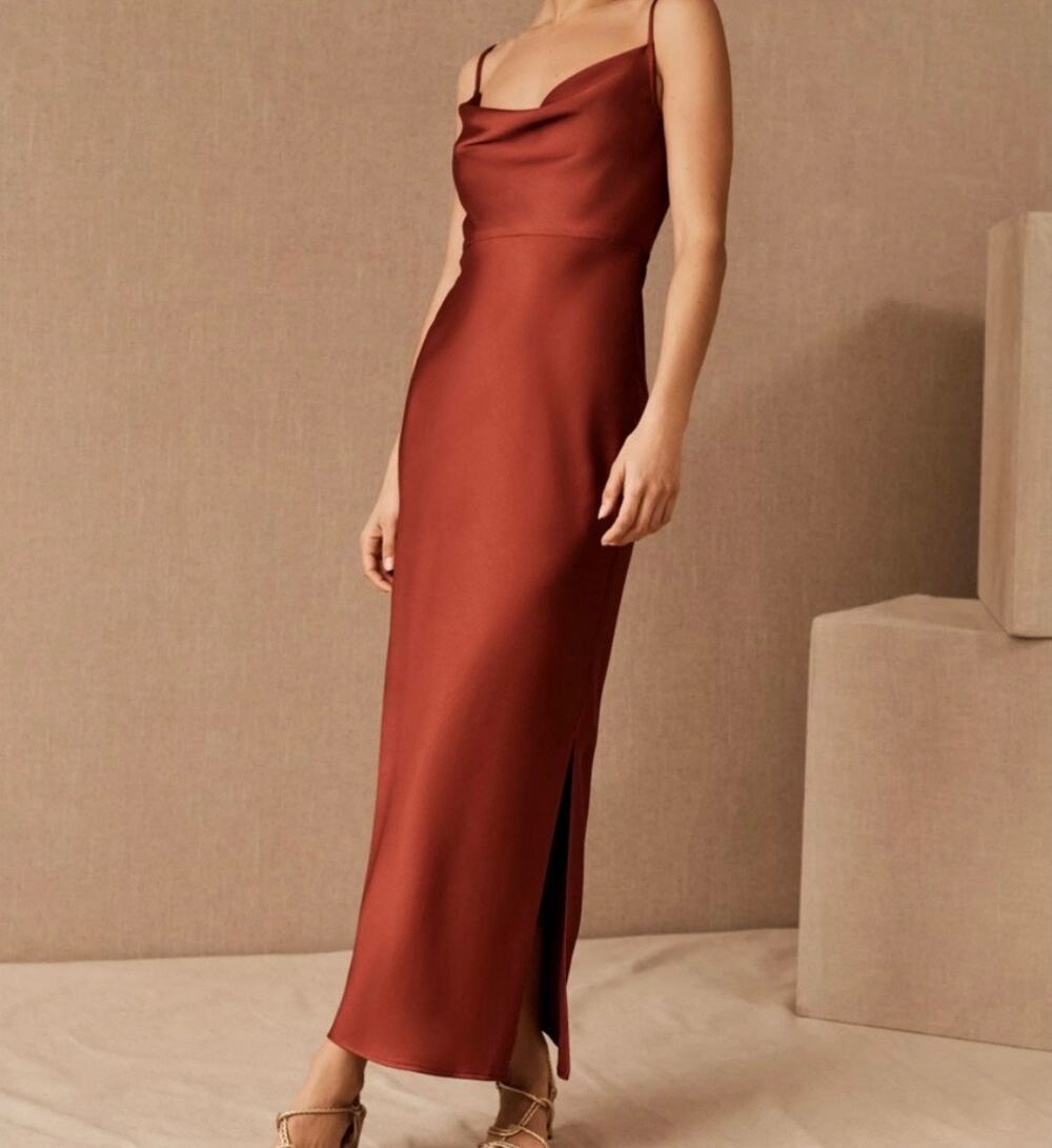 Sachin + Babi Cinnamon Brown Cowl neckline Satin Midi Dress WOMENS 10